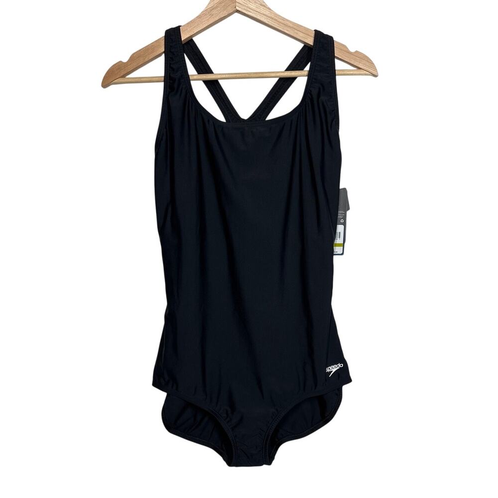 Speedo Women's Swimsuit One Piece PowerFlex Ultraback Solid Sz 14 Black NEW